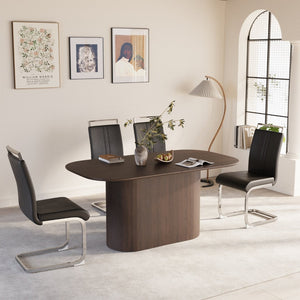 English Elm 63 Inch Mdf Dining Table Set with Four Pu Leather Chairs Silver Metal Legs Modern Brown+Black W2189S00885