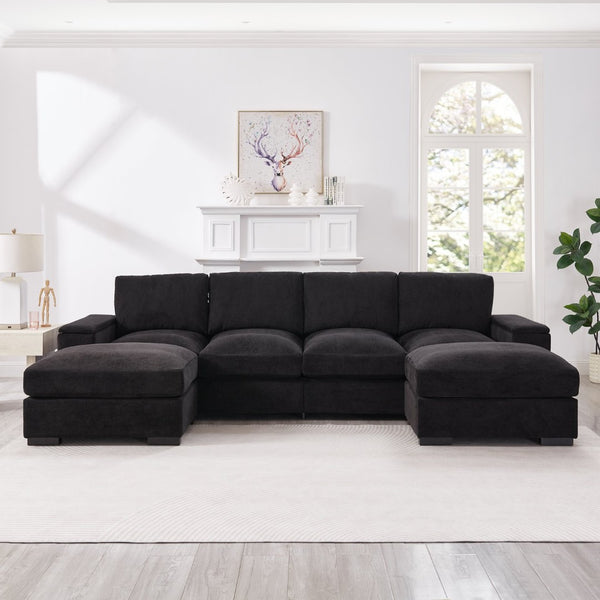 English Elm 122"l Corduroy Sectional with Dual Ottomans Modular U-shape Sofa for Modern Living Black W1669S00045
