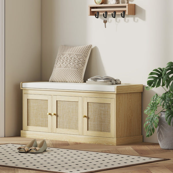 English Elm Homcom Entryway Storage Bench Padded Linen Seat Dual Cabinets White Mdf Hallway W2225P485637