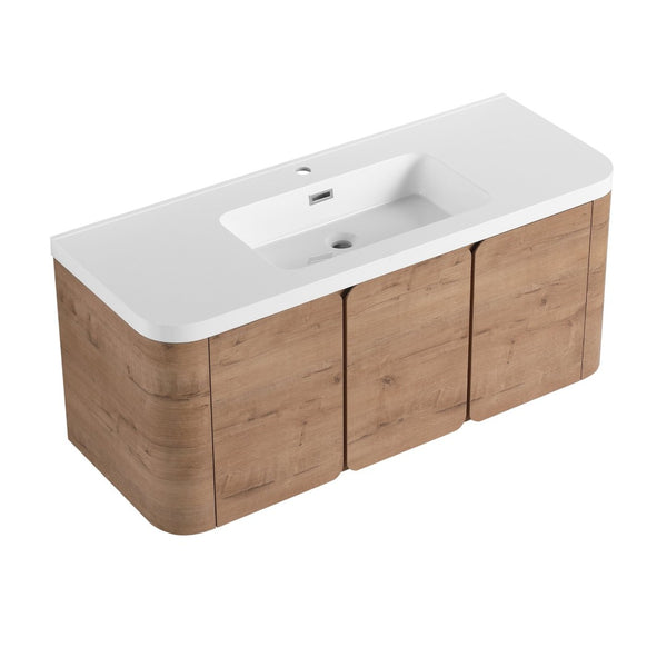 English Elm 48" Floating Bathroom Vanity Dual Ceramic Vessel Sinks Oak Finish Soft Close Doors W999S00507