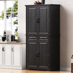English Elm K&K 71" Tall Farmhouse Pantry Cabinet with Groove Edges, 3 Pull-Out Organizers, 6 Door Shelves Black N707P256507B