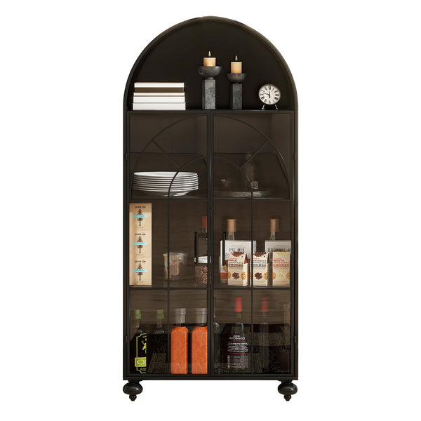 English Elm Modern Arched Storage Cabinet Antique Black Steel & Tempered Glass Doors Industrial Farmhouse Display W3122P272652