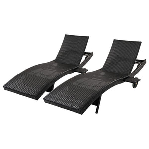 English Elm K&k Outdoor Wicker Reclining Chaise Set 2 Piece with Pull Out Tray Rolling Wheels Black+Brown N707P395515D