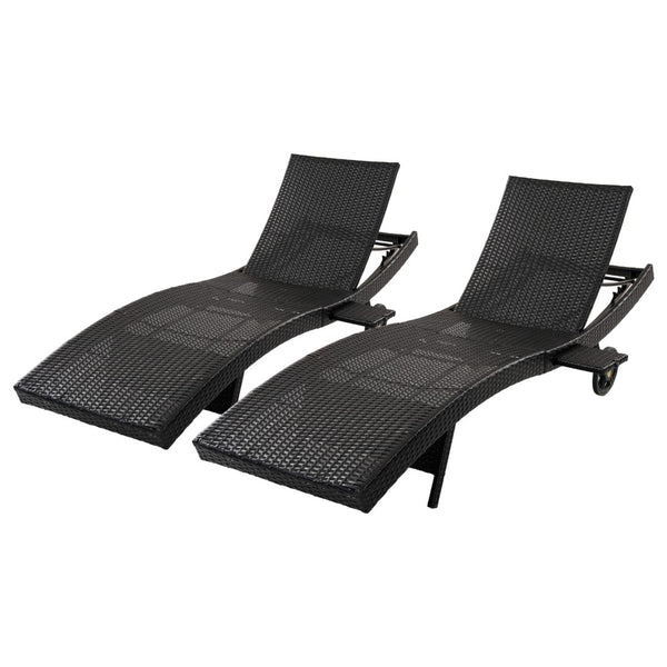 English Elm K&k Outdoor Wicker Reclining Chaise Set 2 Piece with Pull Out Tray Rolling Wheels Black+Brown N707P395515D