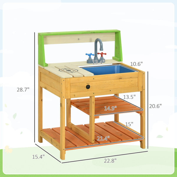 English Elm Outsunny Solid Fir Wood Kids Outdoor Mud Kitchen Playset with Sink Faucet Shelves W2225P200780