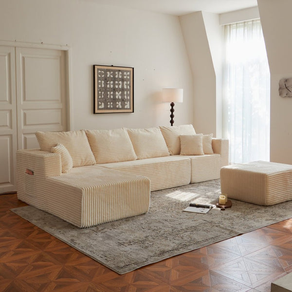 English Elm 133.86" Modular Cloud Sectional Corded Fabric U Shaped Sofa with Ottoman No Assembly W668S00010