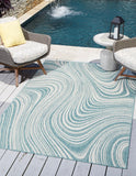 Unique Loom Outdoor Modern Pool Machine Made Abstract Rug Light Aqua, Blue/Ivory 6' 1" x 9' 0"
