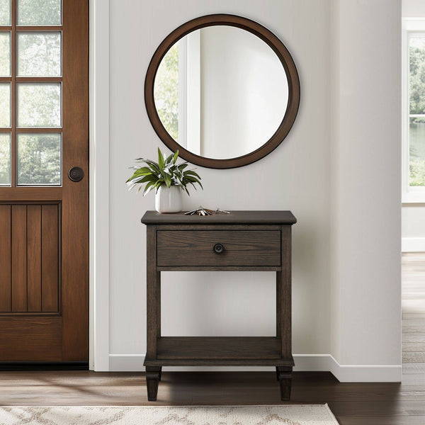 English Elm Victoria Aged Oak Nightstand with Solid Wood Legs, Wire-Brushed Veneer, Drawer & Open Shelf Brown 27 L x 22.75 W x 27.63 H B035P341164