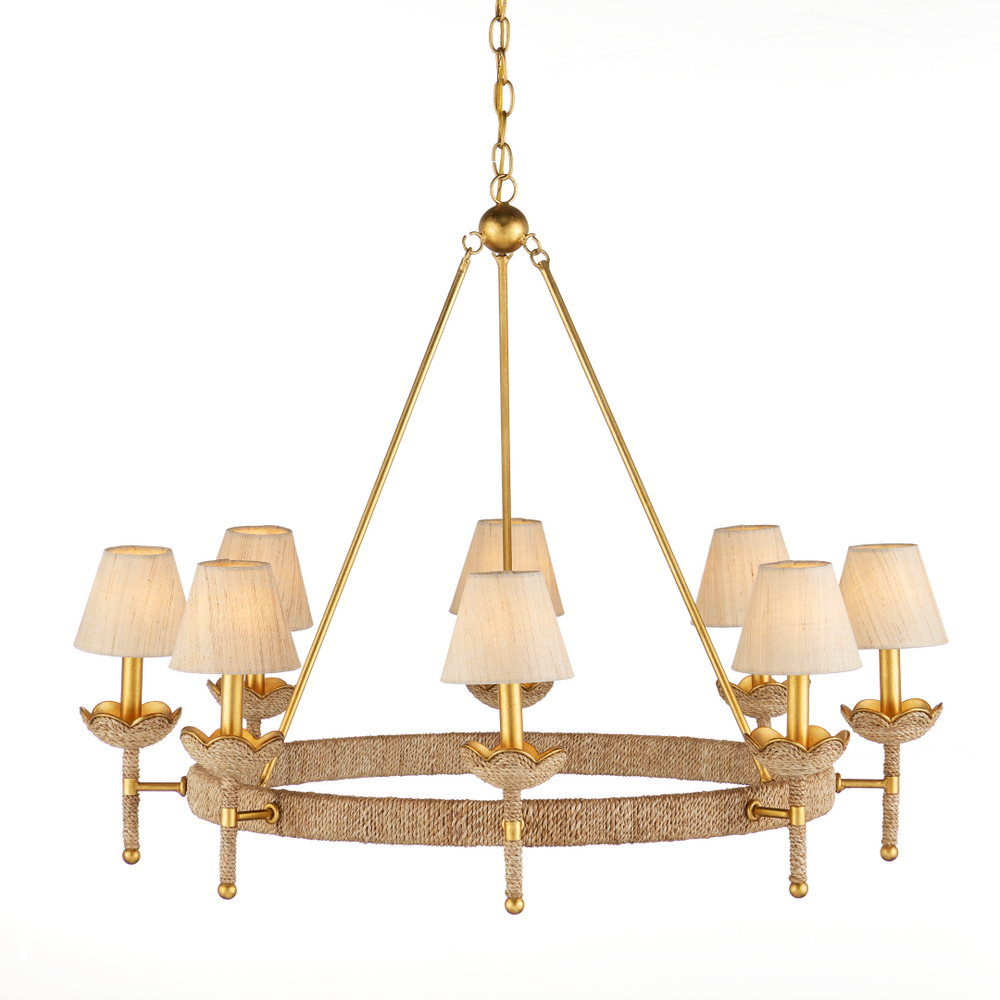 Vichy Chandelier - Handmade Abaca Rope & Wrought Iron Light Fixture with Elegant Gold Finishes
