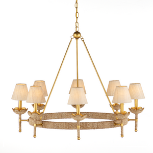 Vichy Chandelier - Handmade Abaca Rope & Wrought Iron Light Fixture with Elegant Gold Finishes