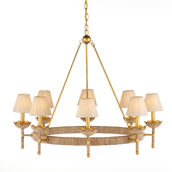 Vichy Chandelier - Handmade Abaca Rope & Wrought Iron Light Fixture with Elegant Gold Finishes
