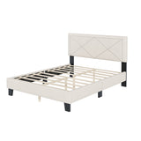 English Elm Simple Queen Size Upholstered Bed Frame With Rivet Design, Modern Velvet Platform Bed With Headboard, Beige