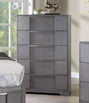 English Elm Gray 5-Drawer Contemporary Chest 33"W x 51"H – Recessed Nickel Finger Pulls, Felt-Lined Top Drawer, Ball-Bearing Glides B2741P369383