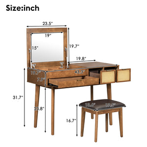 English Elm 43.3" Classic Wood Makeup Vanity with Flip Mirror & Padded Stool, 3 Drawers, Spacious Storage, Brown N704P165645