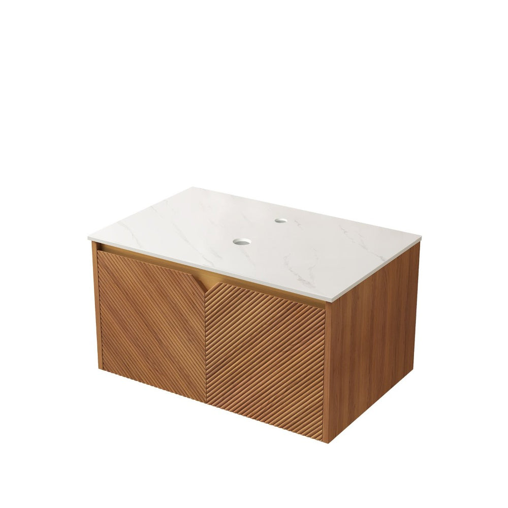 English Elm Noor Oak Veneer Floating Bathroom Vanity with Grooved Plywood Cabinet and Ceramic Basin W2615P386263