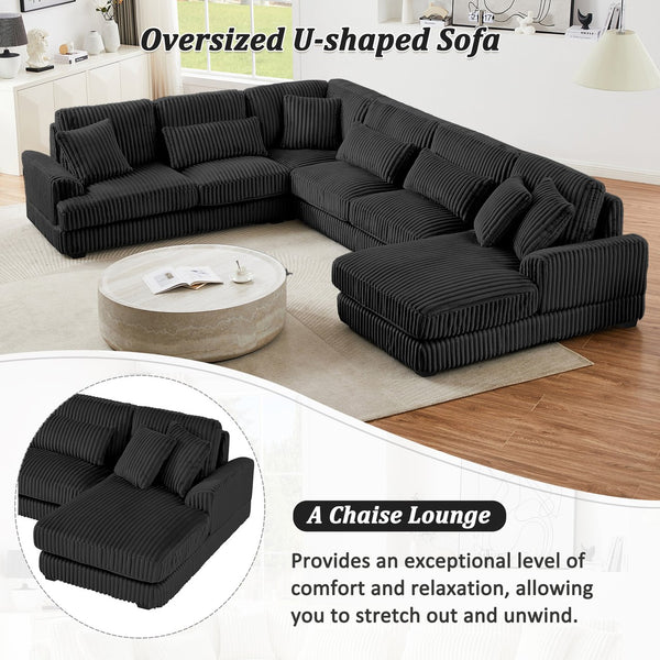 English Elm 129" Oversized Sectional Sofa U-Shaped Corduroy Chaise Lounge with Curved Armrests Plush Foam Comfort Black N719S001690B