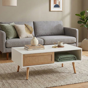 English Elm 41.34" Rattan Panel Coffee Table with Sliding Storage Door and Solid Wood Legs W1265107718