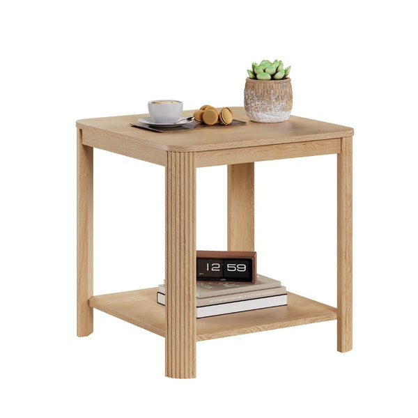 English Elm Rounded Square End Tables Set of 2 Boho Walnut with Wave Legs and Open Shelf W5563P449959