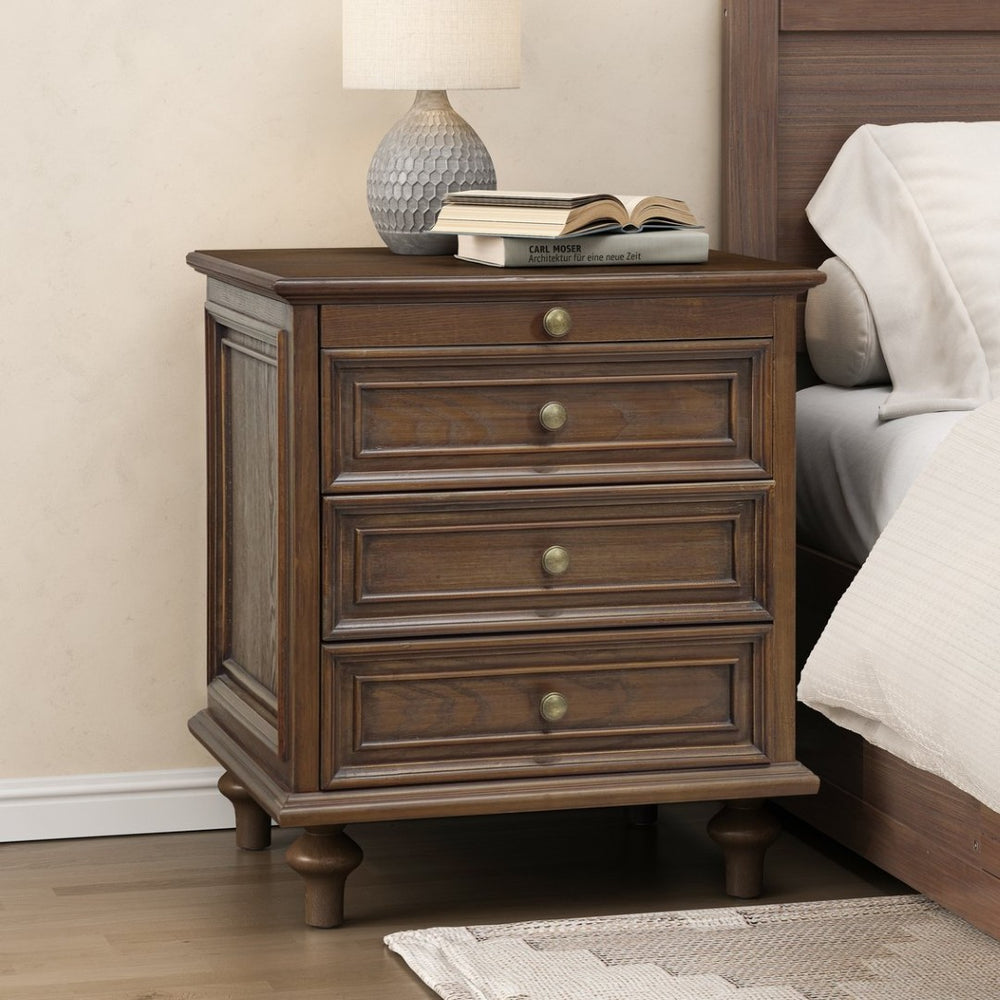 English Elm Farmhouse Nightstand Pine Wood Four Drawer Storage with Pull Out Tray Gourd Legs Walnut Brown W1716P399634
