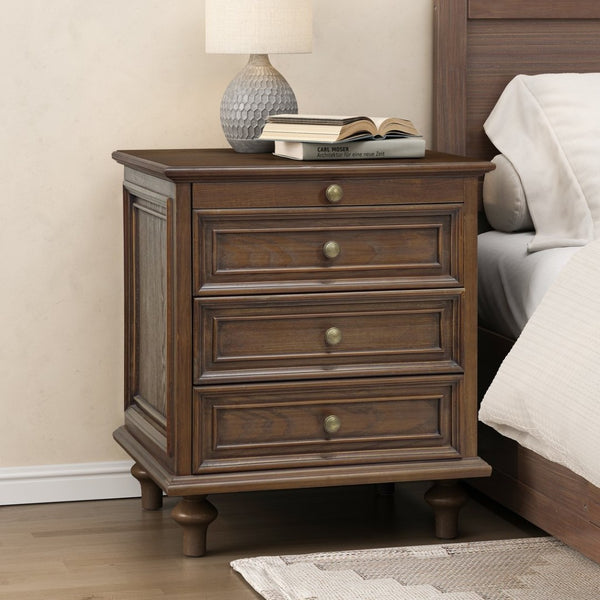 English Elm Farmhouse Nightstand Pine Wood Four Drawer Storage with Pull Out Tray Gourd Legs Walnut Brown W1716P399634