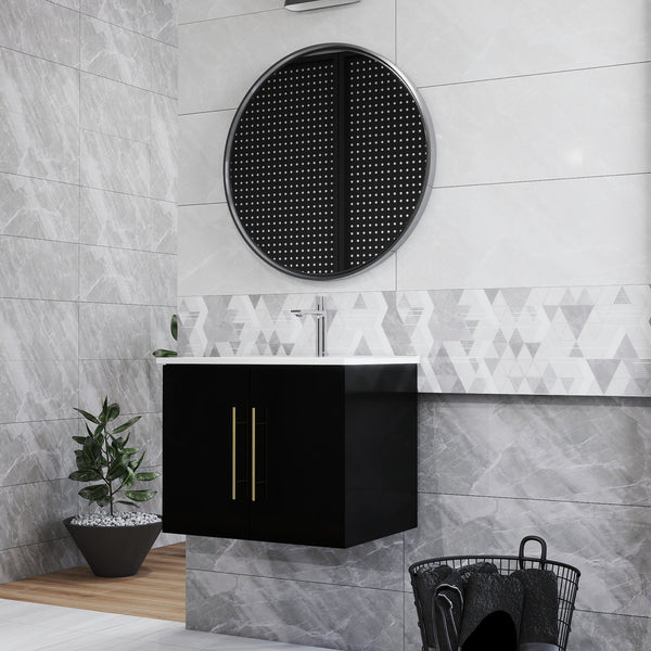 English Elm 24-Inch Wall-Mounted Bathroom Vanity With Gold Accents, Soft-Close Doors & Ample Storage Space W3151S00034