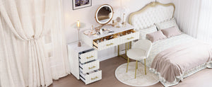 English Elm Velvet Upholstered Vanity Desk Set with Marble-Look Top, Padded Chair, 5 Spacious Drawers & Gold Accents Beige 17.5 L x 16.3 W x 16.1 H N733S272606A