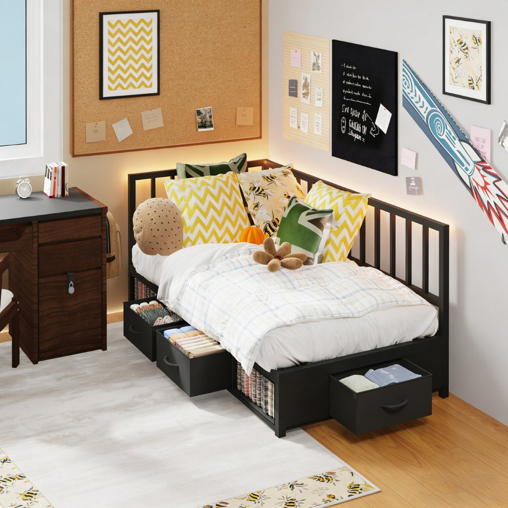English Elm Corner Twin Daybed Metal Platform Frame with Led Lighting and Storage for Small Spaces W311P433476