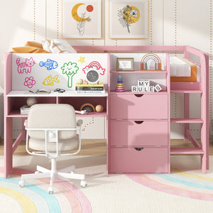 English Elm Full Size Low Loft Bed With Desk, Storage, Bookcase & Fun Whiteboard For Kids - Pink Design N7090005005H