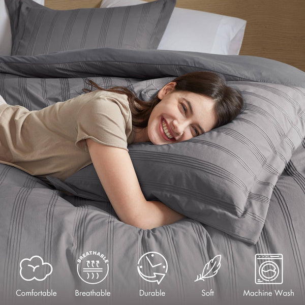 English Elm 7-piece Cal King Woven Stripe Comforter Set Neutral Polyester Bedding for Modern Bedroom Charcoal B035P463204