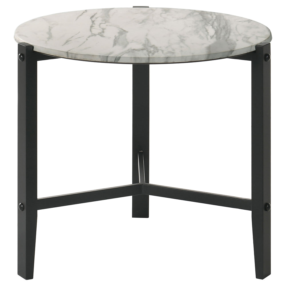 English Elm Myranda White Faux Marble End Table with Black Metal Base — Round HPL Top, Durable Industrial-Modern Accent B062P333448