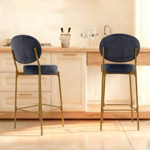 English Elm Set of 2 Velvet Bar Stools with Gold Metal Frame, Round Low-Back Counter Chairs for Kitchen Island Elegance W1757P387427