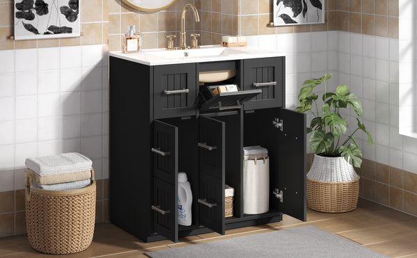 English Elm 30inch Bathroom Vanity with Undermount Sink, Tip-Out Tray, Soft-Close Doors, Spacious Drawers & Handles Black N710P331580B