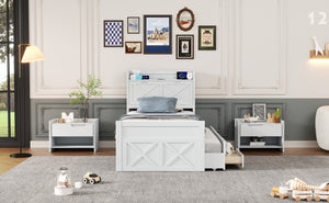 English Elm Twin Storage Bed with Headboard Outlets, Extendable Trundle & 3 Drawers, Durable MDF/Plywood Design White 80.5 L x 17.75 W x 5.25 H N733S172839K