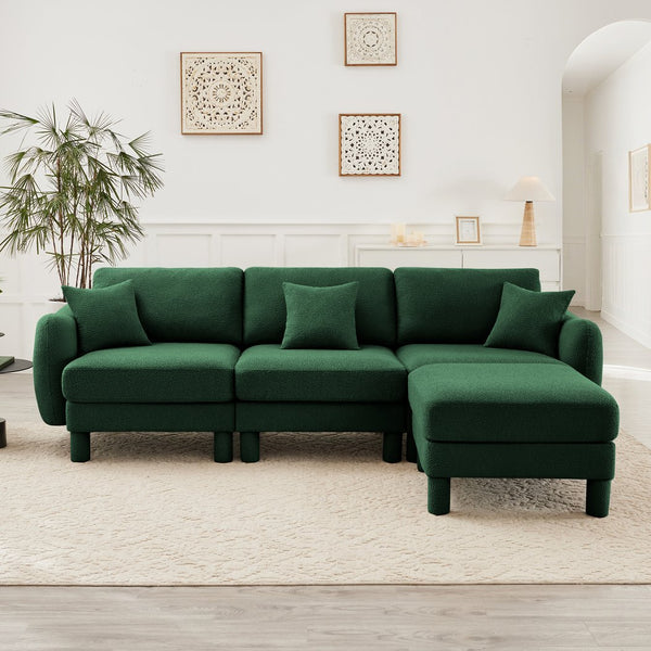 English Elm Boucle Fabric Convertible L-Shaped Sectional Sofa With Shell Armrests, Removable Ottoman, Green Chic Design W3041S00309
