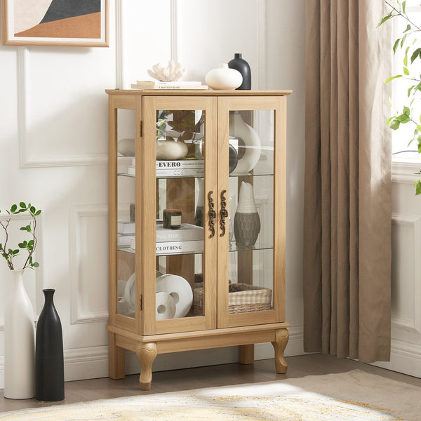 English Elm 2 Doors Curio Cabinet With Lighted Display & Mirrored Back, Adjustable Shelves - Oak Elegance For Home W2275P178895