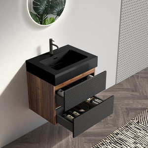 English Elm Grace Mid-Century Wall-Mounted Bathroom Vanity with White Quartz Basin, 20% More Storage, Soft-Closing Drawers and Hidden Handle for Quiet, Durable Modern Style Black+Brown W1865S00118