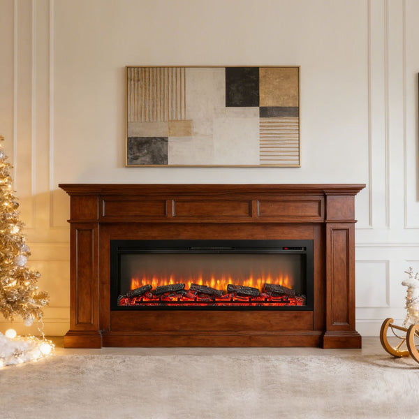 English Elm 54 Inch Recessed Electric Fireplace with Led Flame Display and Remote for Living Rooms W1769P415223