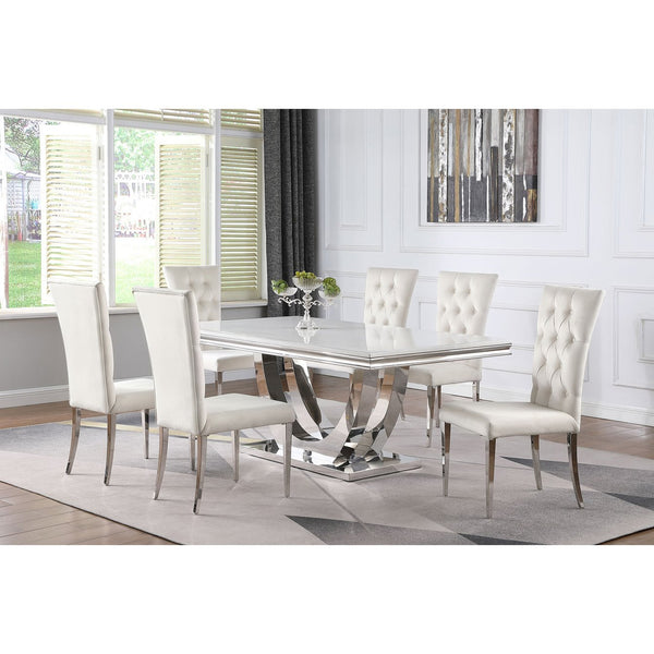 English Elm Allessandra Glam 5-Piece Rectangular Dining Set with Faux Marble Top, Velvet Tufted Chairs & Chrome Base White B062S01201