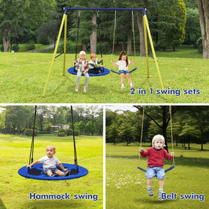English Elm 2 in 1 Kids Outdoor Steel A-frame Backyard Swing Set with Saucer and Belt Seats W1408P163242