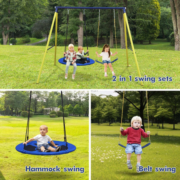 English Elm 2 in 1 Kids Outdoor Steel A-frame Backyard Swing Set with Saucer and Belt Seats W1408P163242