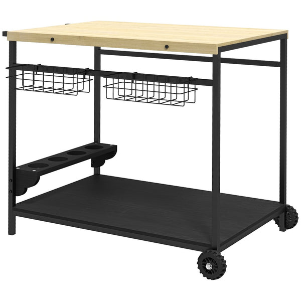English Elm Outsunny Fir Wood Rolling Bar Cart with Wine Slots Baskets and Powder Coated Frame W2225P200506