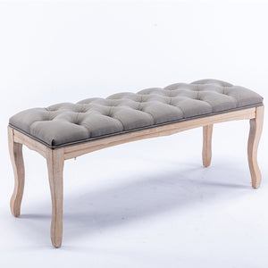 English Elm Bedroom Bench Tufted Linen Seat with Carved Distressed Wood Legs French Country Style Grey W3244P493669