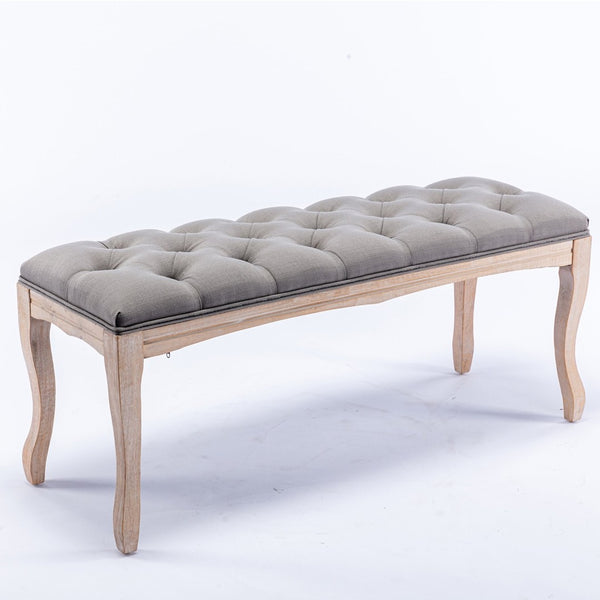 English Elm Bedroom Bench Tufted Linen Seat with Carved Distressed Wood Legs French Country Style Grey W3244P493669