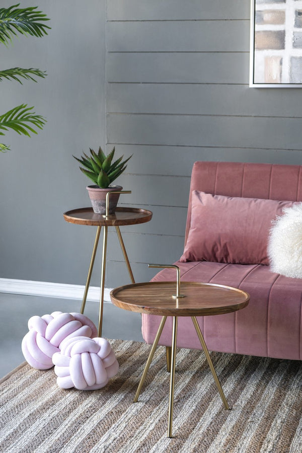 English Elm Acacia Mid-Century Side Table with Tripod Steel Legs, Solid Wood Top, Brown/Gold Accent, 16.9" W2078P394223