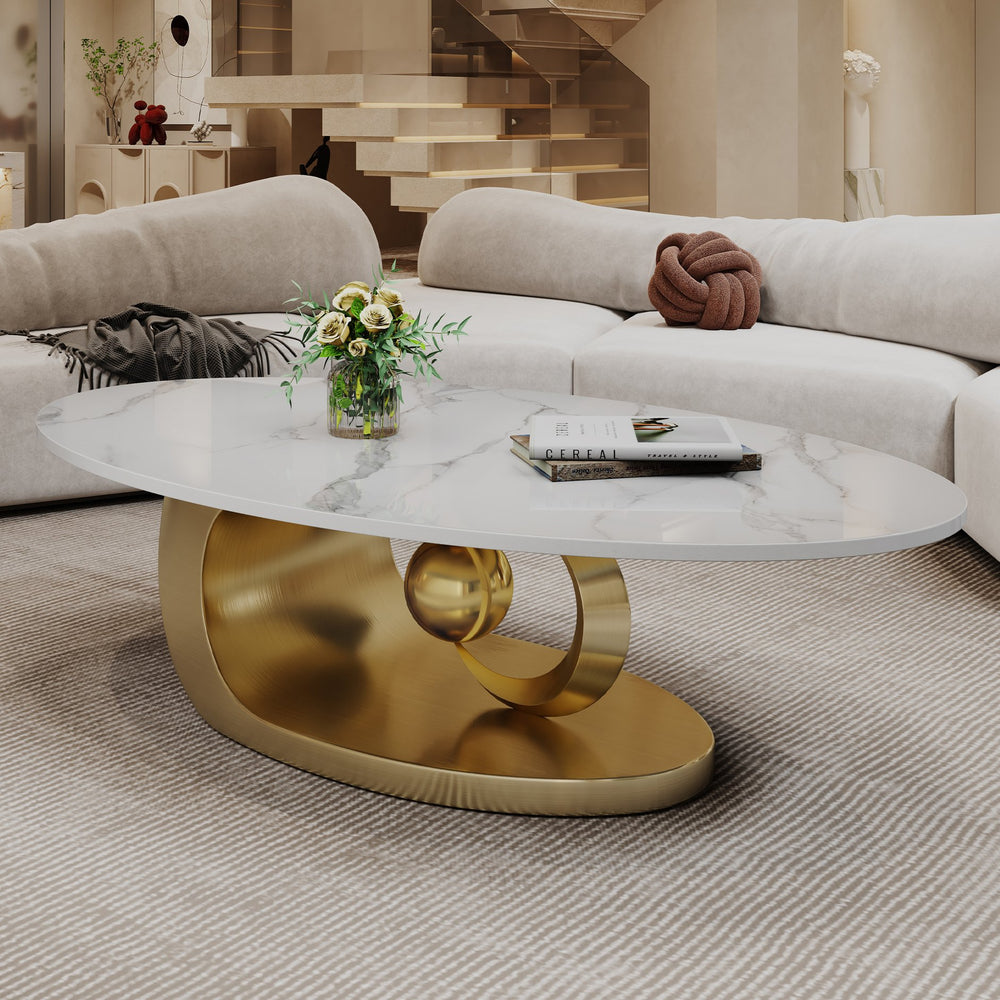 English Elm Modern Sculptural Faux Marble Coffee Table with Fish Belly White Top and Geometric Stainless Base, Leveling Feet W3136S00008