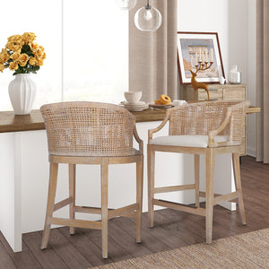 JLA Home Martha Stewart - Handcrafted Rattan & Wood Counter Stool with Curved Back, Upholstered Seat, Footrest & Metal Kick Plate MT104-1194