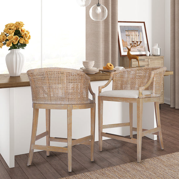 JLA Home Martha Stewart - Handcrafted Rattan & Wood Counter Stool with Curved Back, Upholstered Seat, Footrest & Metal Kick Plate MT104-1194
