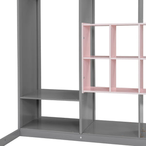 English Elm Twin Loft Bed with Wardrobe Shelves and Cabinet Kids Bedroom Wood Storage Frame Pink+Grey N708S00023E