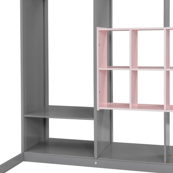English Elm Twin Loft Bed with Wardrobe Shelves and Cabinet Kids Bedroom Wood Storage Frame Pink+Grey N708S00023E