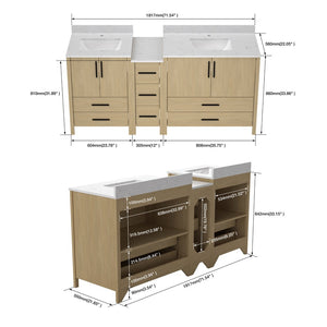 English Elm 108"w×22"d×34"h Freestanding Double Sink Vanity with White Countertop Soft Close T3785S00008